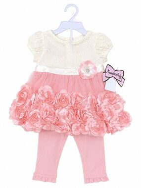 Nanette Baby Ivory Lace Top Pink Rose Tulle Dress with Pink Leggings